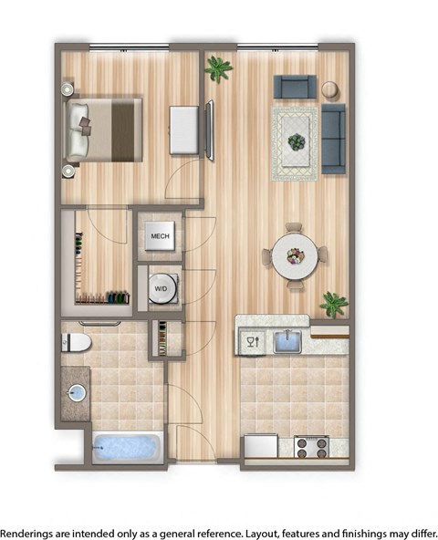 Floor plan for 1 bed, 1 bath, 718 sqft